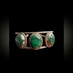 Vintage Sterling Silver Malachite Cuff Bracelet | Mexican | Adjustable Fit